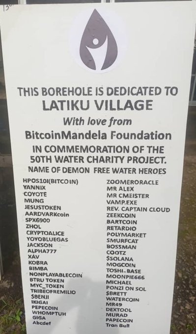 Plaque from the BitcoinMandela Foundation for the 50th water project
